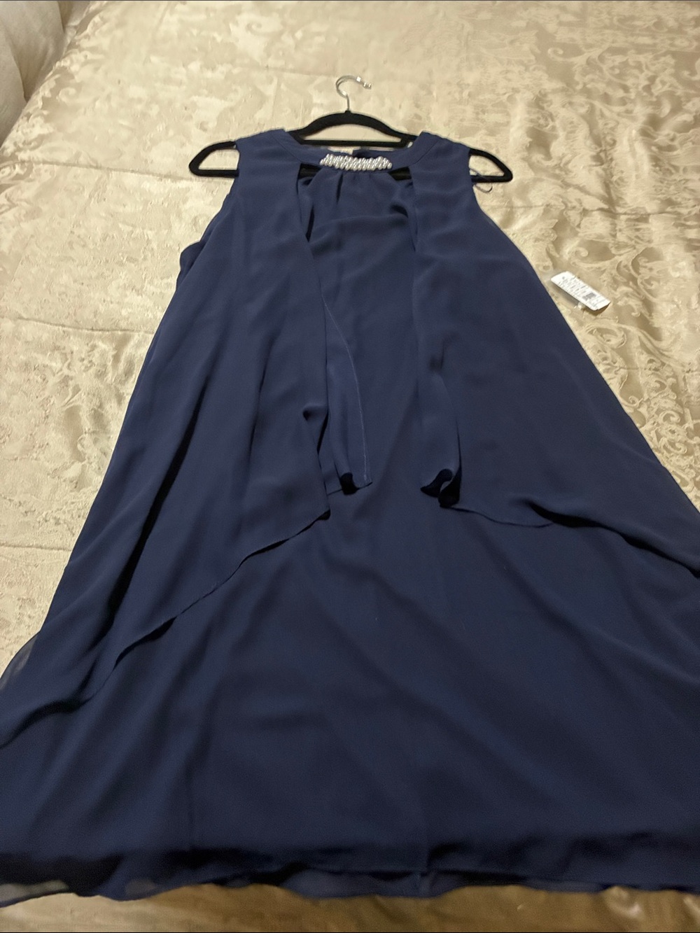 SLNY Navy Sleeveless Midi Dress with Overlay